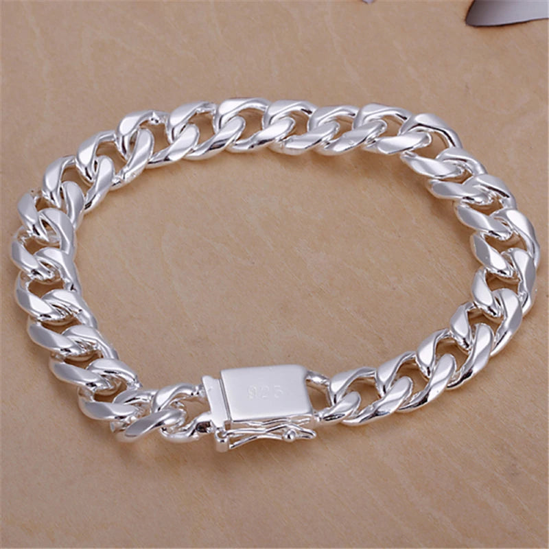 Cuban Link Sterling Silver Bracelet, Safety Box Clasp