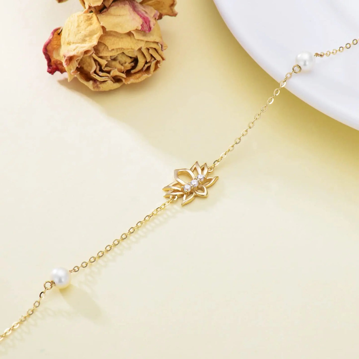14K Yellow Gold Sun Lotus Pearl Bracelet