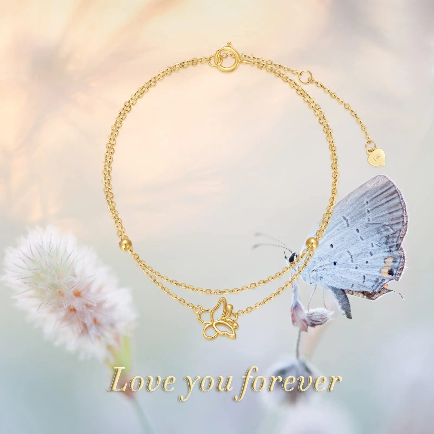 14k Solid Gold Butterfly Solid Double Chain Butterfly Bracelet