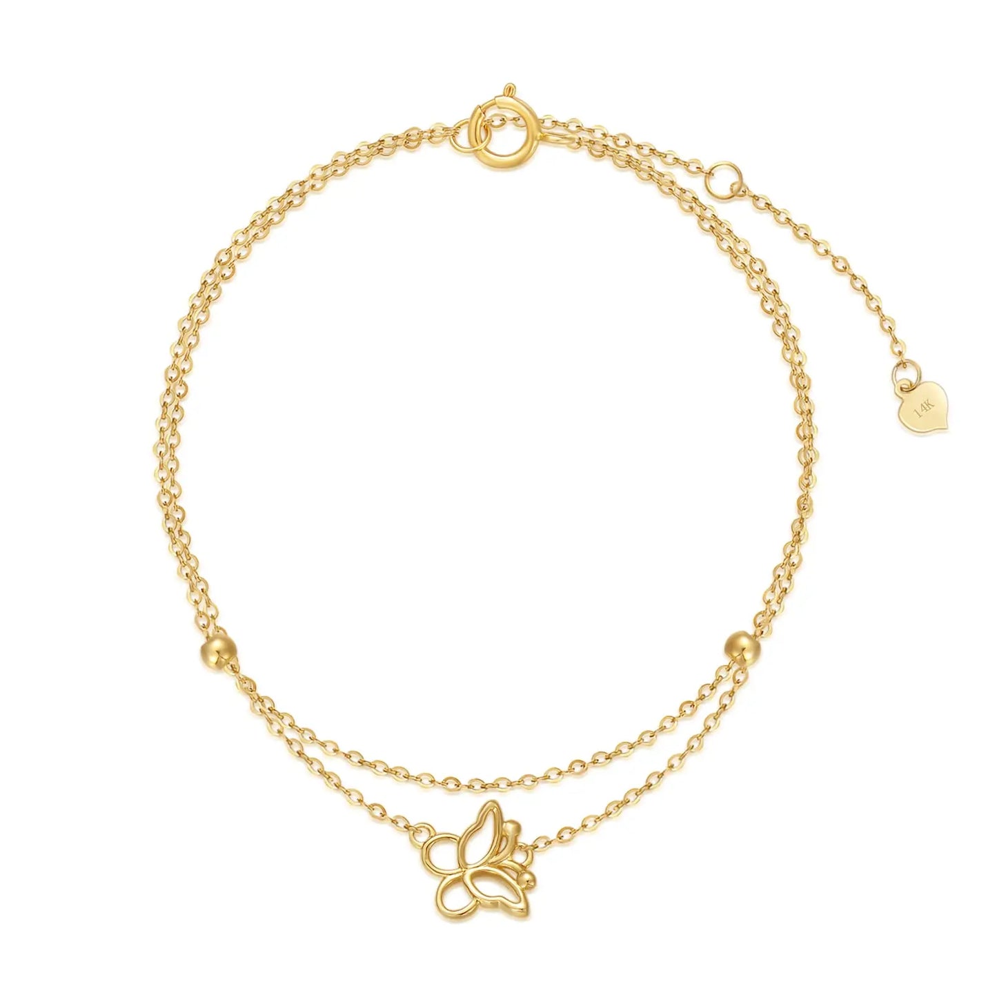 14k Solid Gold Butterfly Solid Double Chain Butterfly Bracelet