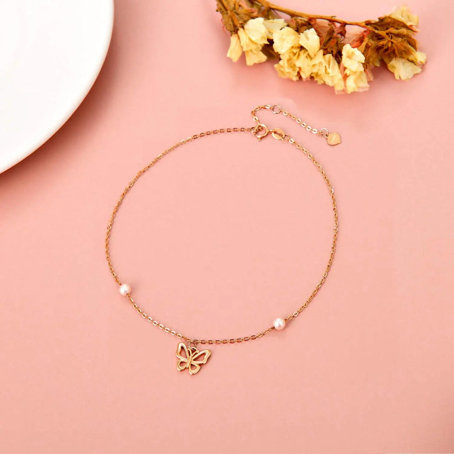 14k Gold Butterfly & Pearl Anklet