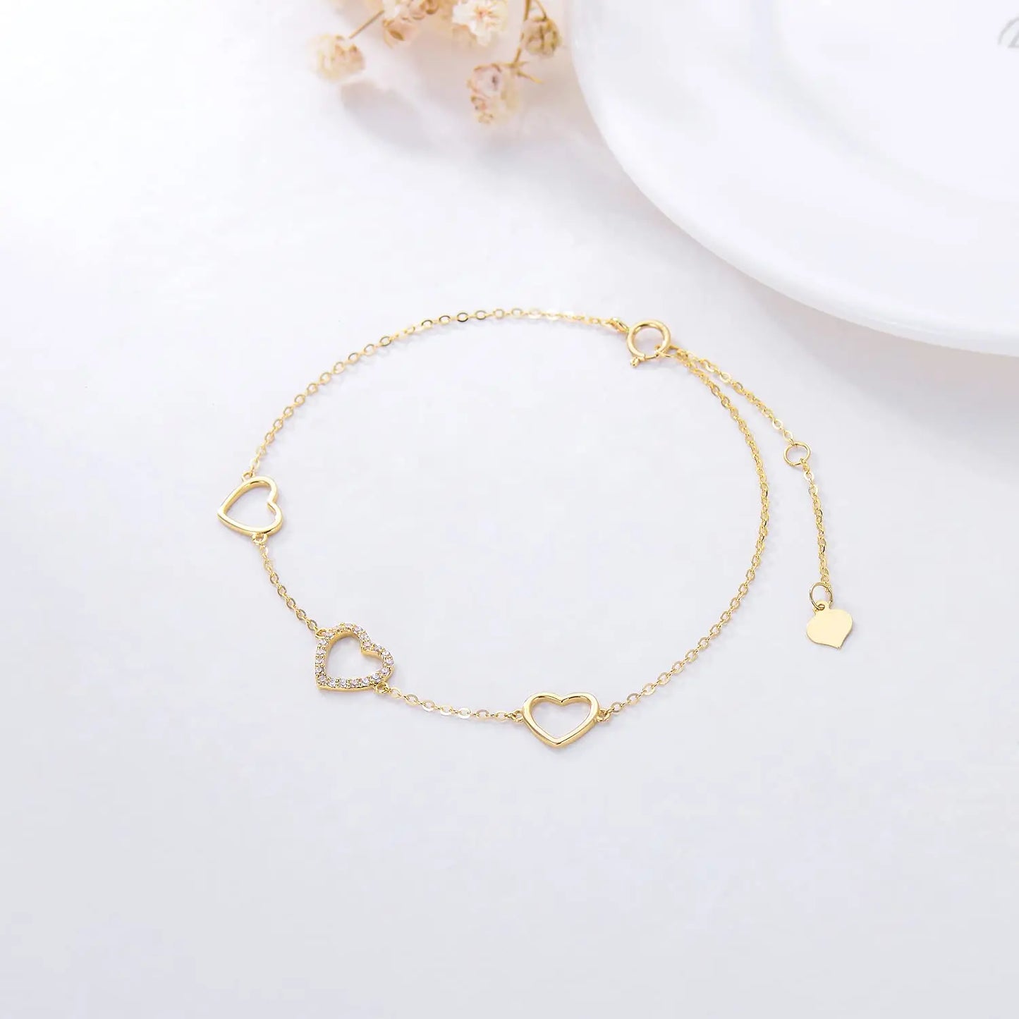 14k Gold Diamond Three Heart Anklet