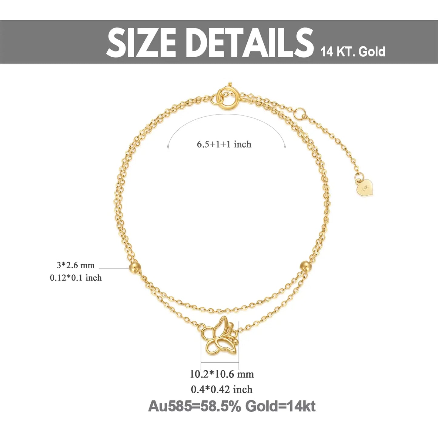 14k Solid Gold Butterfly Solid Double Chain Butterfly Bracelet